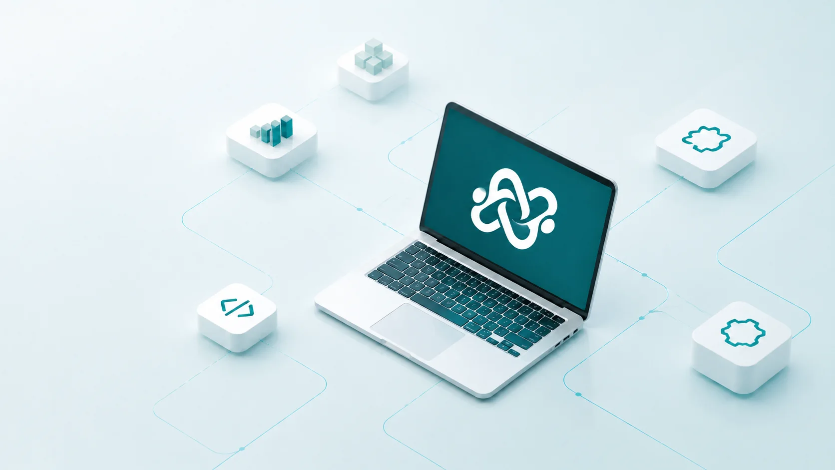 Laptop conectada a módulos digitales que representan desarrollo, análisis y automatización.