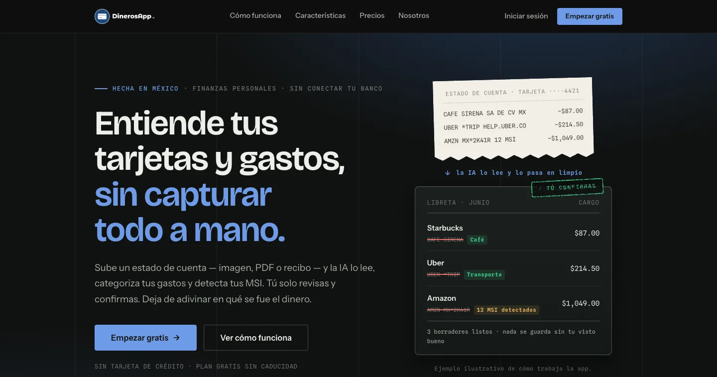 Página principal de DinerosApp mostrando cómo la inteligencia artificial convierte un estado de cuenta en gastos categorizados.